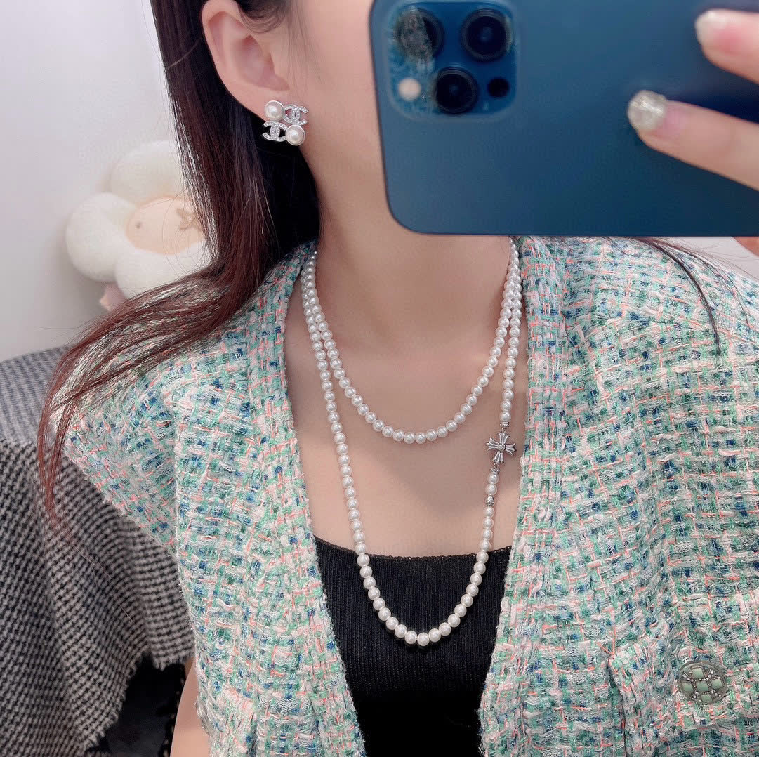 Chrome Hearts Pearl Earrings and Necklace Set